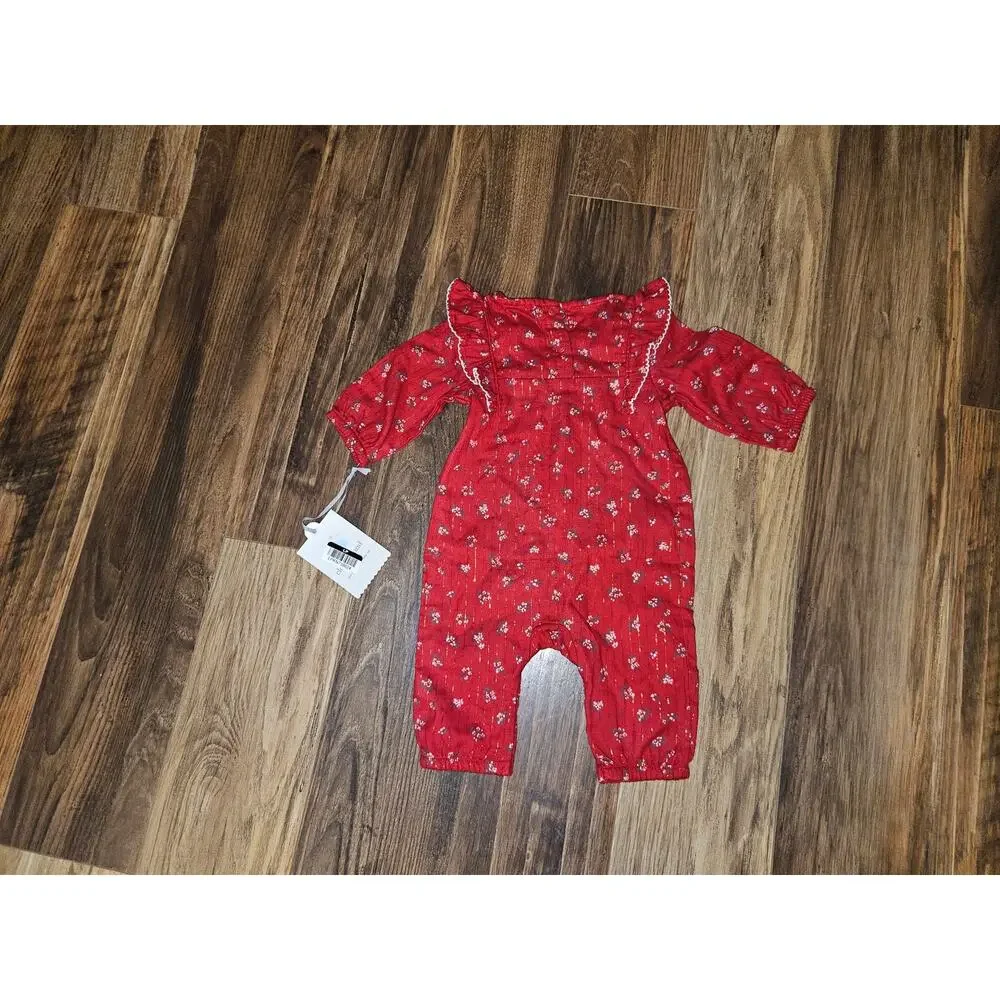 Cloud Island Baby Girls' Christmas Holiday Floral Romper, 0-3M, Red